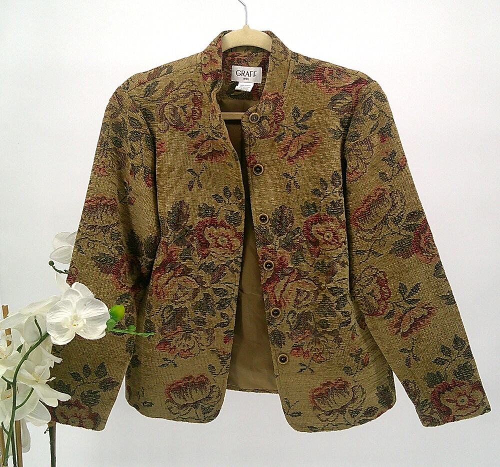 Graff by Um Company Womens Olive Tapestry Classic Designer Blazer Jacket Size PM